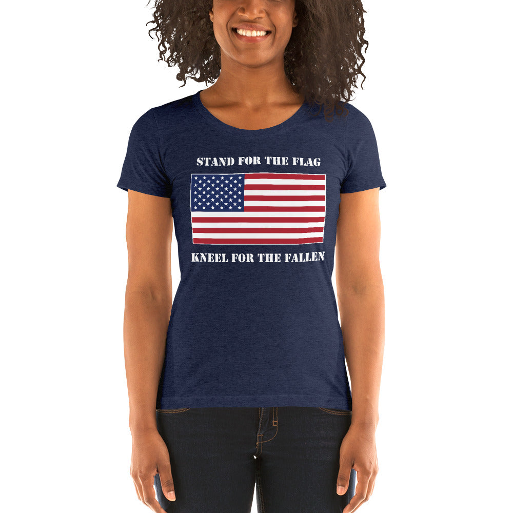 Women's Short Sleeve Ribbed Low Crew Neck T-Shirt | Navy Triblend | Form Fit | JS USA Flag | Sizes: S - 2XL