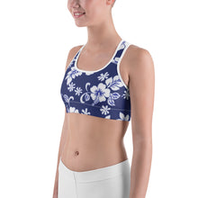 Load image into Gallery viewer, Women&#39;s Performance Sports Bra | Navy Hibiscus | Scoop Neck - Racerback | Just Stand | Sizes: XS - 2XL