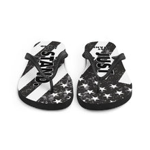 Load image into Gallery viewer, Flip-Flops | Black-Grey | Just Stand Distressed Flag | Sizes: Men&#39;s 6-11 and Women&#39;s 7-12