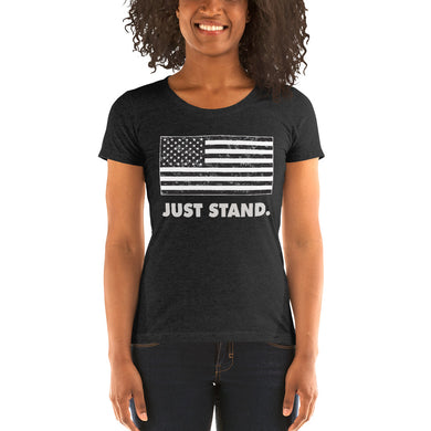 Women's Short Sleeve Ribbed Low Crew Neck T-Shirt | Charcoal Black | Form Fit | Vintage USA Flag | Sizes: S - 2XL