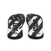 Load image into Gallery viewer, Flip-Flops | Black-Grey | Just Stand Distressed Flag | Sizes: Men&#39;s 6-11 and Women&#39;s 7-12