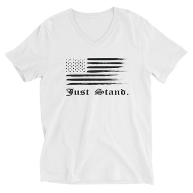 Unisex Short Sleeve V-Neck T-Shirt | White | Contemporary Fit | Distress USA Flag | Sizes: XS - 2XL