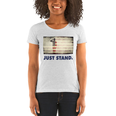 Women's Short Sleeve Ribbed Low Crew Neck T-Shirt | White Fleck | Form Fit | Salute USA Flag | Sizes: S - 2XL