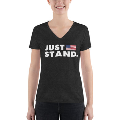 Women's Short Sleeve Deep V-Neck Fashion T-Shirt | Charcoal Black Triblend | Semi-Relaxed Fit | JS USA Flag | Sizes: S - 2XL