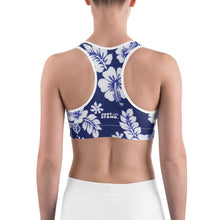 Load image into Gallery viewer, Women&#39;s Performance Sports Bra | Navy Hibiscus | Scoop Neck - Racerback | Just Stand | Sizes: XS - 2XL