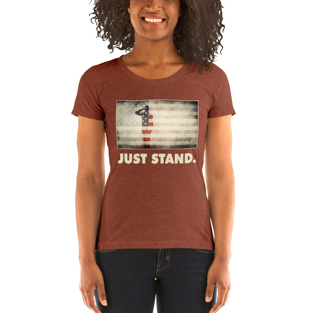 Women's Short Sleeve Ribbed Low Crew Neck T-Shirt | Clay | Form Fit | Salute USA Flag | Sizes: S - 2XL