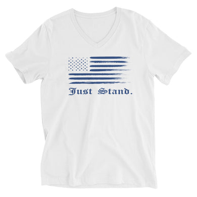 Unisex Short Sleeve V-Neck T-Shirt | White | Contemporary Fit | Distress USA Flag | Sizes: XS - 2XL