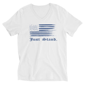 Unisex Short Sleeve V-Neck T-Shirt | White | Contemporary Fit | Distress USA Flag | Sizes: XS - 2XL