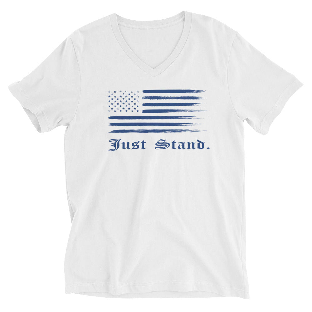 Unisex Short Sleeve V-Neck T-Shirt | White | Contemporary Fit | Distress USA Flag | Sizes: XS - 2XL