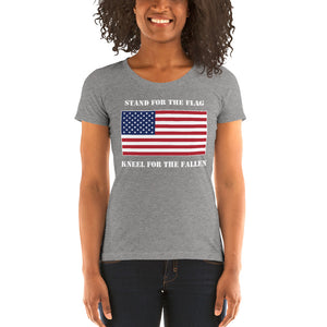 Women's Short Sleeve Ribbed Low Crew Neck T-Shirt | Grey Triblend | Form Fit | JS USA Flag | Sizes: S - 2XL