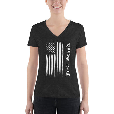 Women's Short Sleeve Deep V-Neck Fashion T-Shirt | Charcoal Black Triblend | Semi-Relaxed Fit | Distress USA Flag | Sizes: S - 2XL