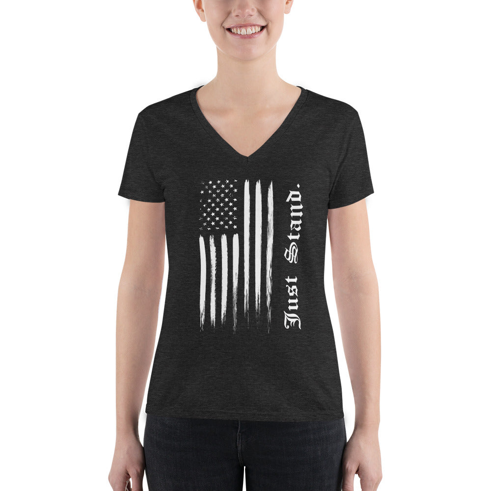 Women's Short Sleeve Deep V-Neck Fashion T-Shirt | Charcoal Black Triblend | Semi-Relaxed Fit | Distress USA Flag | Sizes: S - 2XL