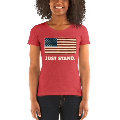 Women's Short Sleeve Ribbed Low Crew Neck T-Shirt | Red | Form Fit | Vintage USA Flag | Sizes: S - 2XL