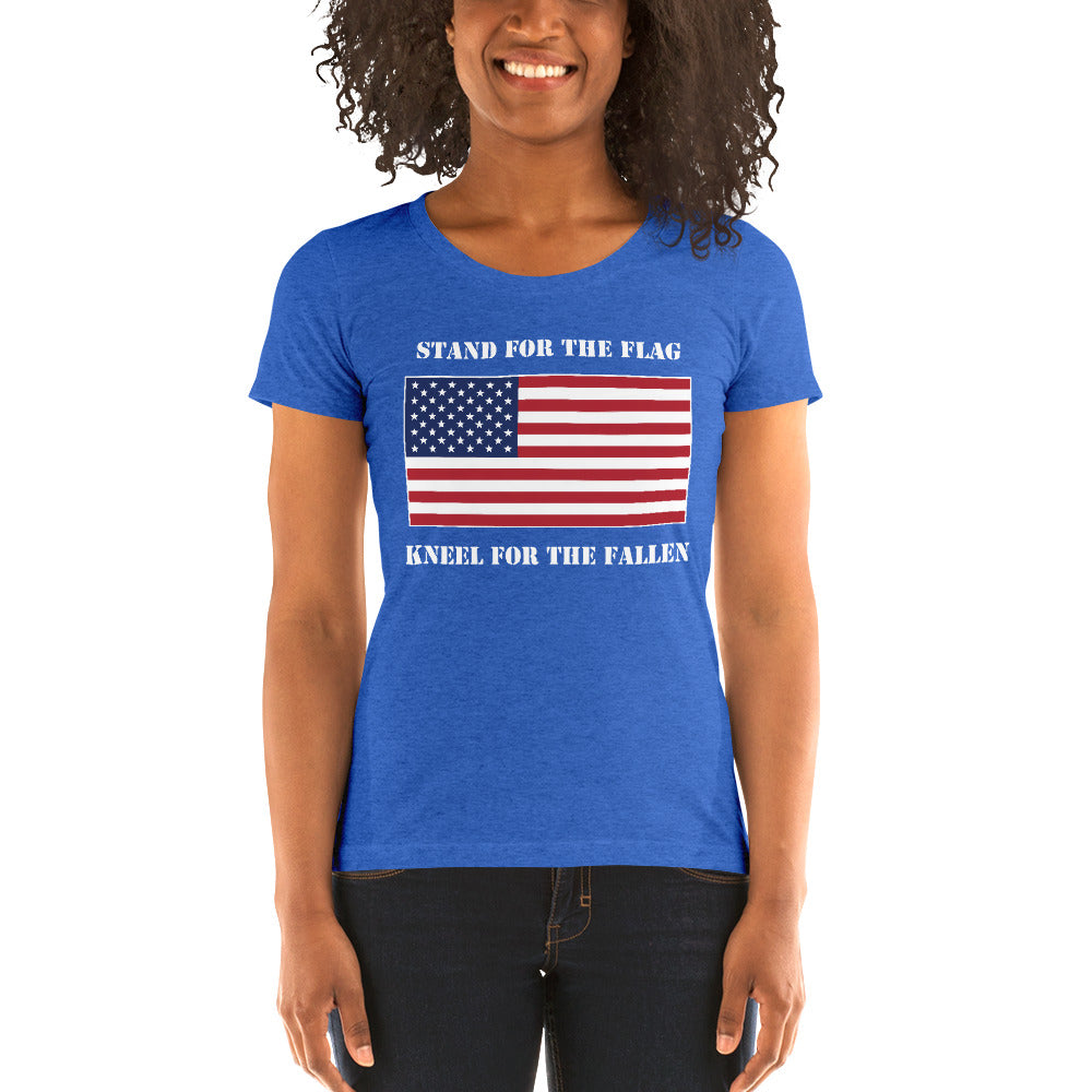 Women's Short Sleeve Ribbed Low Crew Neck T-Shirt | True Royal Triblend | Form Fit | JS USA Flag | Sizes: S - 2XL