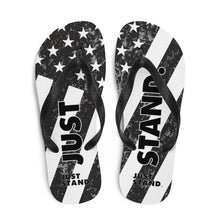 Load image into Gallery viewer, Flip-Flops | Black-Grey | Just Stand Distressed Flag | Sizes: Men&#39;s 6-11 and Women&#39;s 7-12