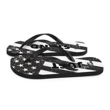 Load image into Gallery viewer, Flip-Flops | Black-Grey | Just Stand Distressed Flag | Sizes: Men&#39;s 6-11 and Women&#39;s 7-12