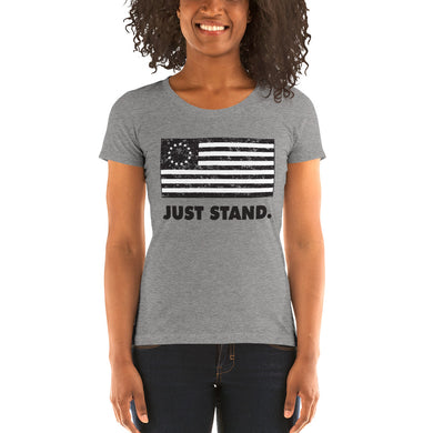 Women's Short Sleeve Ribbed Low Crew Neck T-Shirt | Grey | Form Fit | Vintage Betsy Ross Flag | Sizes: S - 2XL