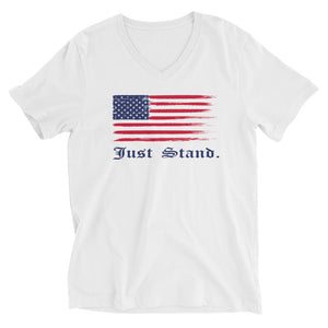 Unisex Short Sleeve V-Neck T-Shirt | White | Contemporary Fit | Distress USA Flag | Sizes: XS - 2XL