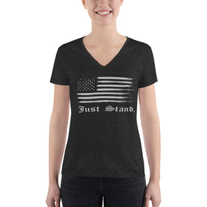 Women's Short Sleeve Deep V-Neck Fashion T-Shirt | Charcoal Black Triblend | Semi-Relaxed Fit | Distress USA Flag | Sizes: S - 2XL