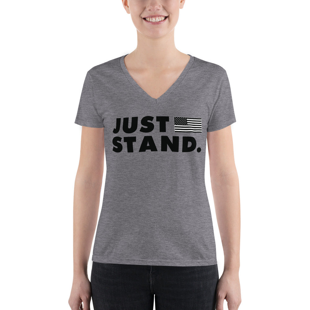 Women's Short Sleeve Deep V-Neck Fashion T-Shirt | Grey Triblend | Semi-Relaxed Fit | JS USA Flag | Sizes: S - 2XL