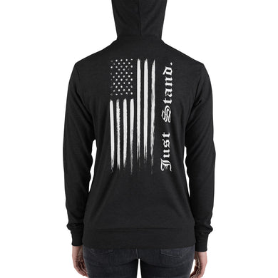 Women's Full Zip Hoodie Jacket | Charcoal Black | Unisex Fit | Distress USA Flag | Sizes: XS - 2XL