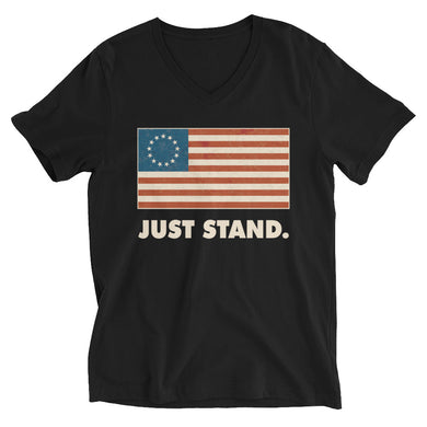 Unisex Short Sleeve V-Neck T-Shirt | Black | Contemporary Fit | Vintage Betsy Ross Flag | Sizes: XS - 2XL