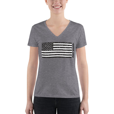 Women's Short Sleeve Deep V-Neck Fashion T-Shirt | Grey Triblend | Semi-Relaxed Fit | JS USA Flag | Sizes: S - 2XL